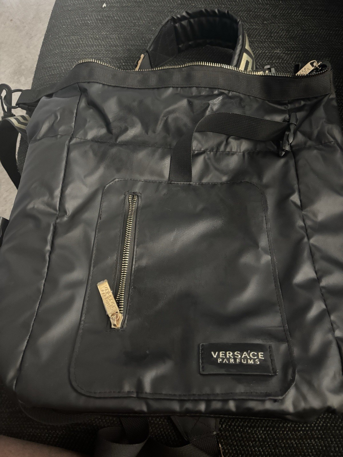 Versace Black Backpack for Men or Women with Patterned Straps and Zip Closure