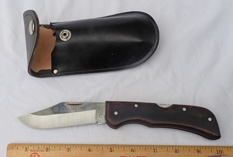 1970's Folding Knife CHAMPION Japan HD-440 Stainless Steel Wood Handles w/Pouch