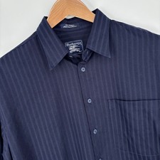 Burberrys Button Up Shirt Mens Large Navy Blue Striped Textured Vintage USA