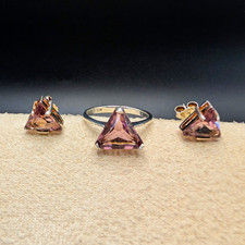925 Fine Silver Trillion Amethyst Jewellery Set Ring & Stud Earrings Purple