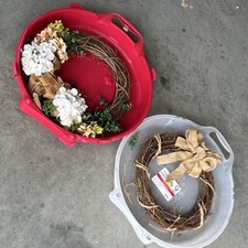 2 Wreaths  Homz Wreath Box 24in Holds 24" Dia Wreath Plastic Lidded Red/Clear