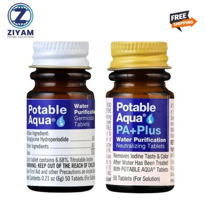 Potable Aqua Water Purification Tablets with PA Plus, 2 Bottles of 50 Tablets