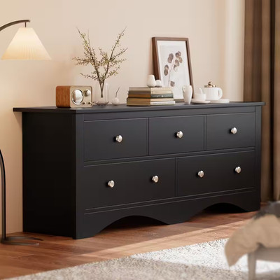 Creaser 52 In. Black MDF Dresser for Bedroom, Wide Chest of Drawers with 5-Wood