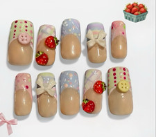 3D Pre-Designed Full Cover Press-On Nails Long Square Fruit Theme Multicolor