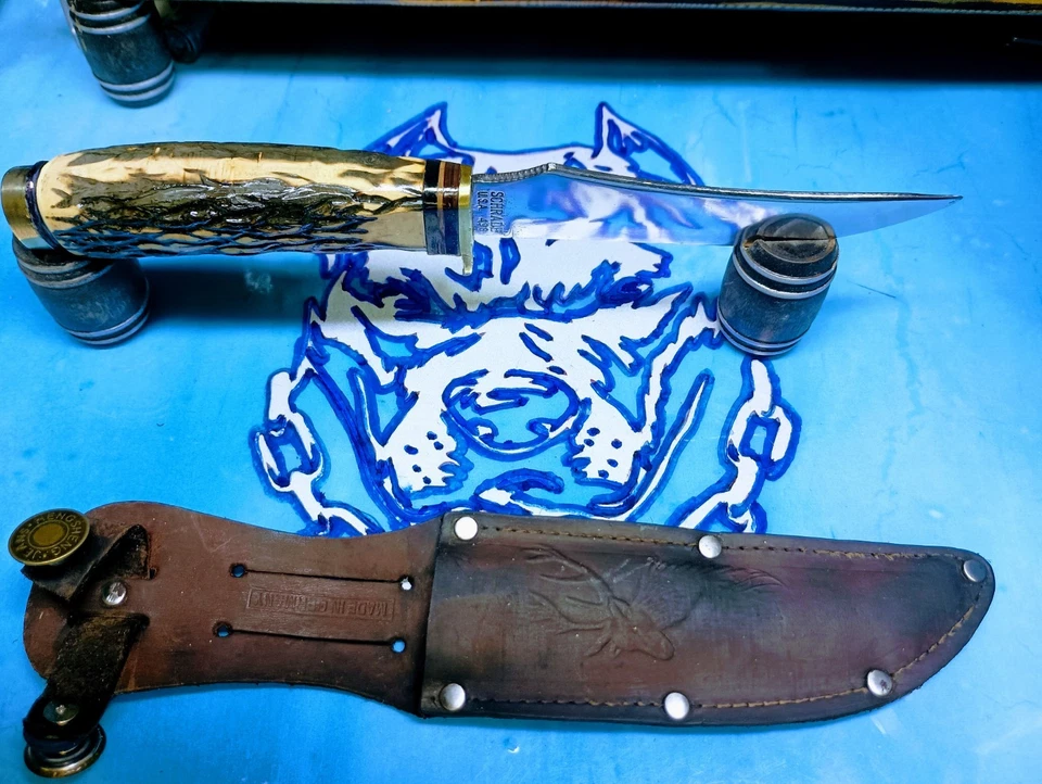 De colección Raro Acabado Espejo Schrade 498 EE. UU. Con Funda Impresa Buck Foto 2 de 4