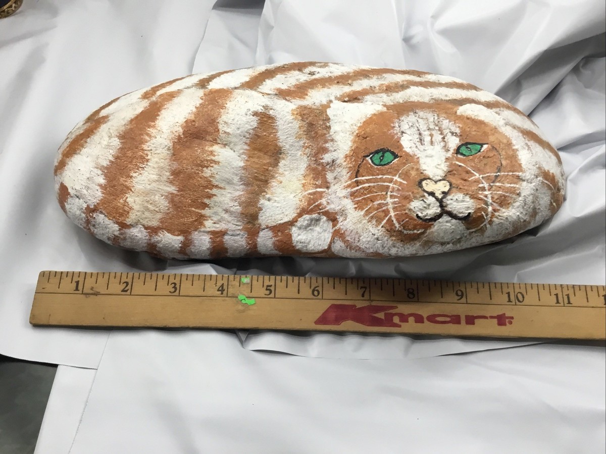 Pet Rock Orange Striped Cat Art Hand Painted Garden Stone Doorstop