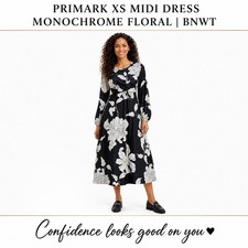 Primark Floral Midi Dress XS Black White Wrap Style Long Sleeve Stretch BNWT
