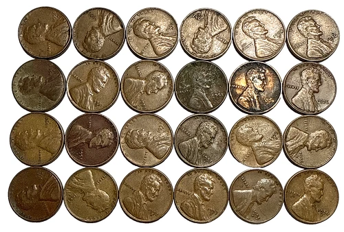 Mixed Lot of 24 Lincoln Wheat Pennies - US Penny Cent - 1950's