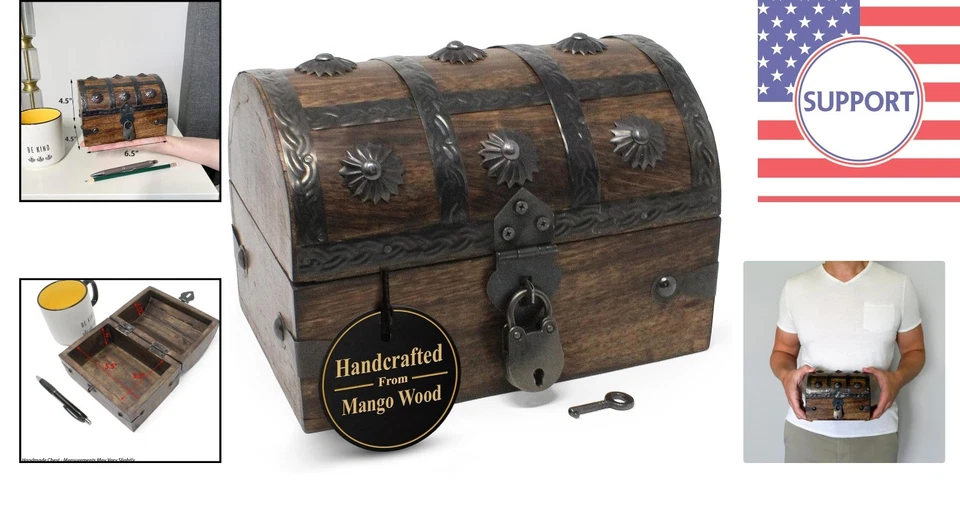 Cofre del tesoro pirata bloqueable hecho a mano para niños - Caja de almacenamiento de madera única Foto 2 de 4