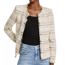 IRO Shavana Tweed Boucl  Metallic Plaid Jacket Fringe Trim Open Front Size 38
