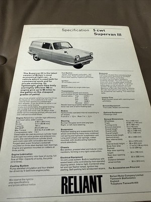 Reliant 5CWT Supervan III Vehicle Brochure 1 Page