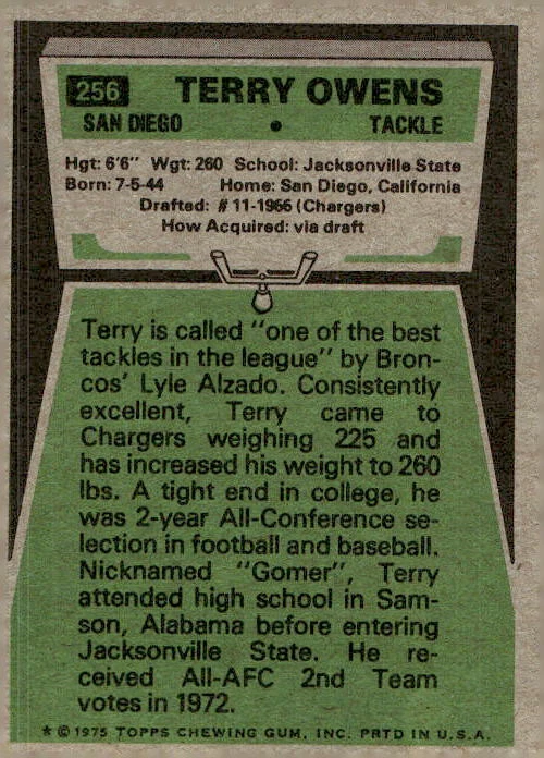 1975 Topps #256 Terry Owens San Diego Chargers NR-MINT PACK FRESH! - Image 2 of 2