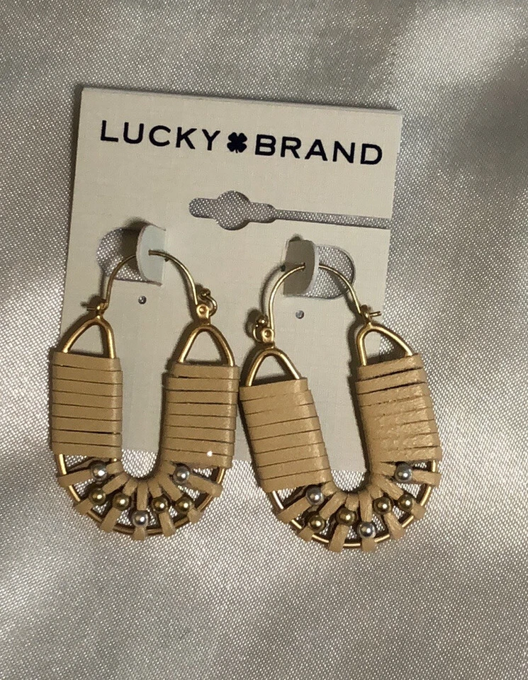 Lucky Brand Gold Tone Leather Wrapped Hoop Drop Earrings Bead Accents NWT - Image 2 of 4