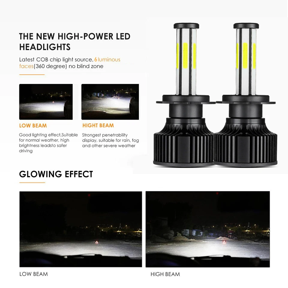 Combo de bombillas de faros LED H7 H11 de 6 lados haz alto bajo blanco súper brillante 6500K Foto 4 de 4