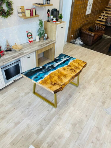 Live Edge Epoxy Resin Ocean Dining Table | Custom Natural Wood Kitchen Table Top - Picture 4 of 10