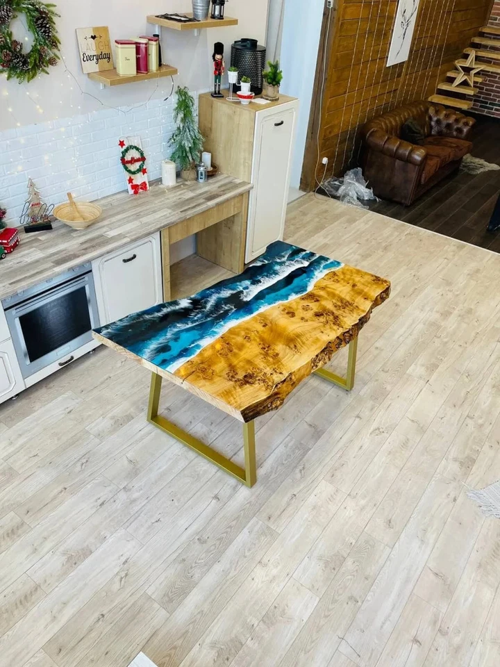 Live Edge Epoxy Resin Ocean Dining Table | Custom Natural Wood Kitchen Table Top - Image 4 of 4