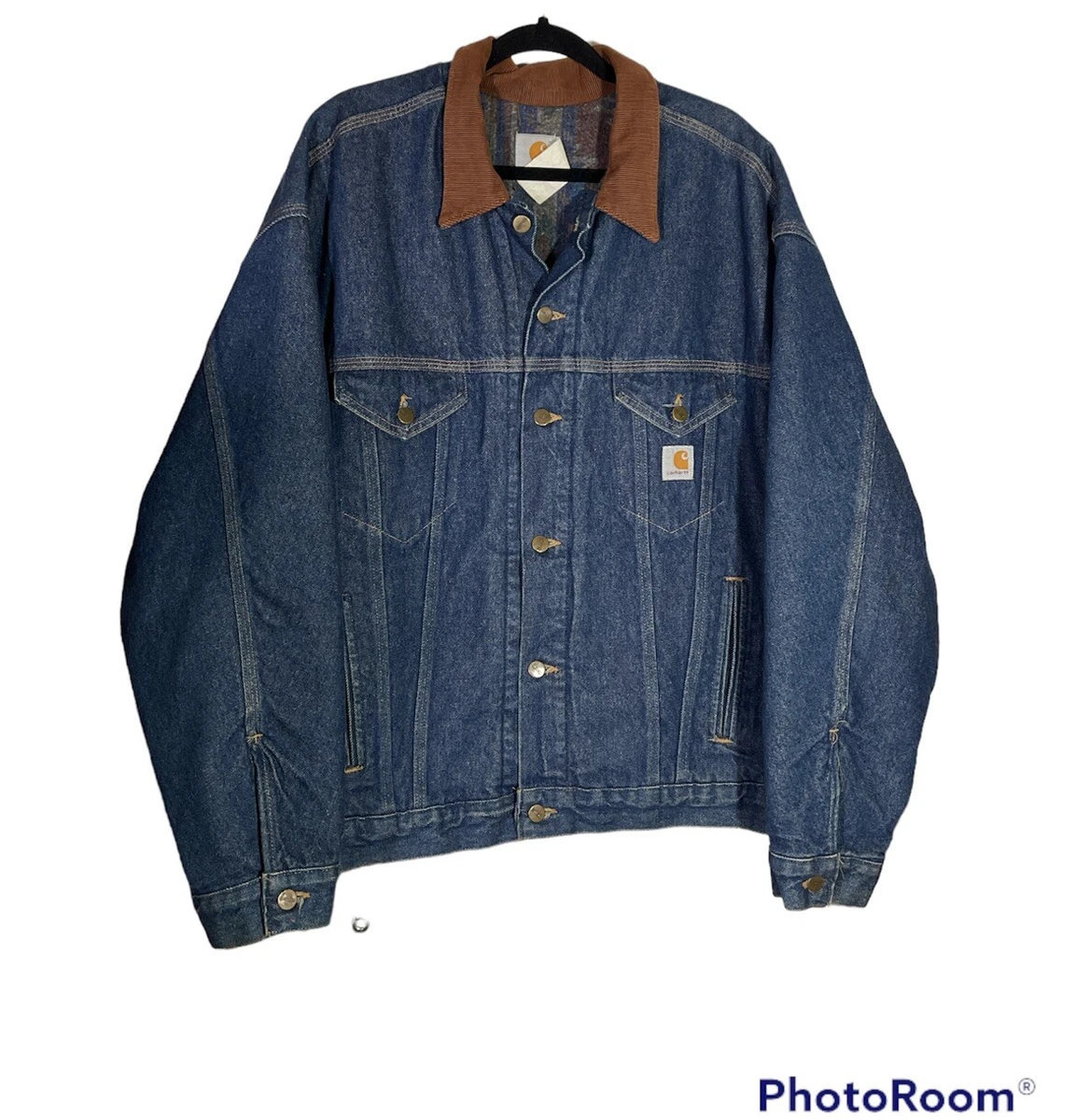 VINTAGE Carhartt Denim Jacket Aztec Blanket Lined Corduroy Neck X-Large USA RARE
