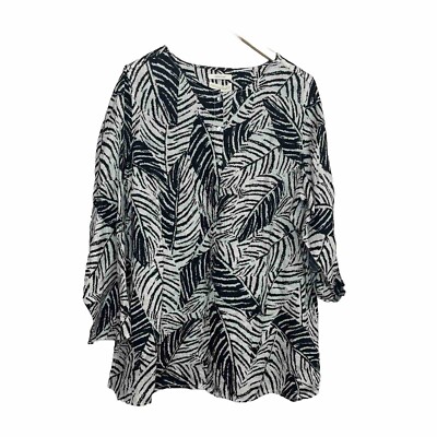 Cynthia Rowley 1X Plus Top NWT Leaves Button Up Shirt BlackWhite Soft 100% Linen