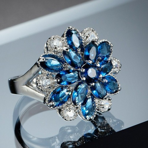 5*5mm Blue Flower AAA Cubic Zircon Band 925 Silver Womens Wedding Ring Size 6-10 - Picture 6 of 11