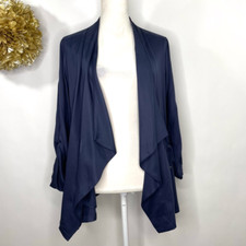 Lost April Jacket Coat Women's L Blue Solid Tie Front Flyaway Roll Tab Sleeves