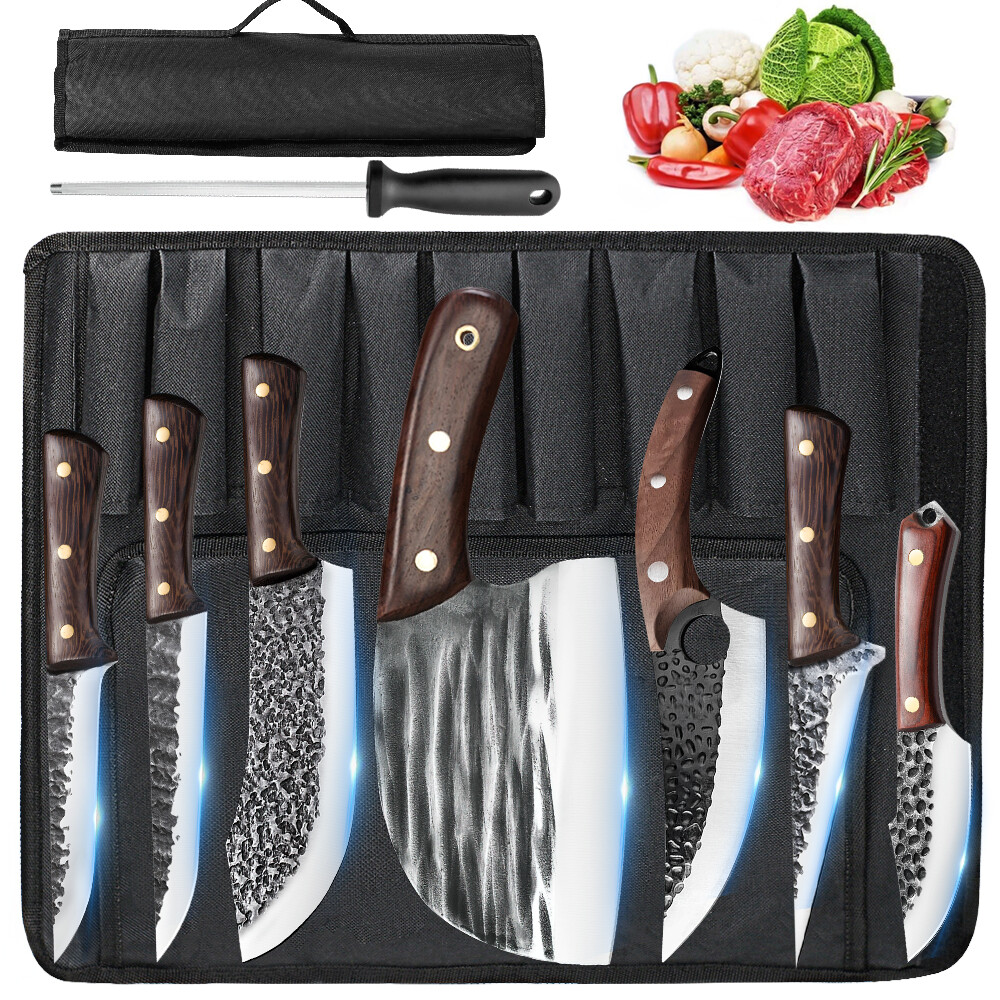 Handmade HAND FORGED DAMASCUS STEEL CHEF KNIFE Set Kitchen Knives with Sharpener