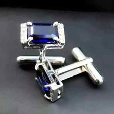 3Ct Emerald Lab Created Blue Sapphire Fancy Men's Cufflink 14K White Gold Plated