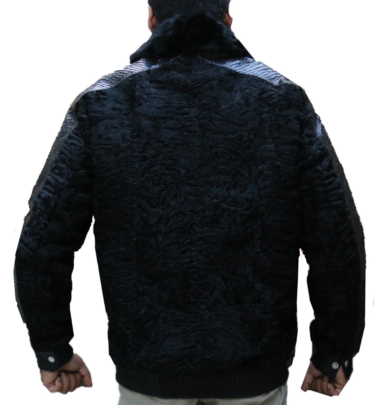 Black Real Persian Lamb Fur Jacket Coat Real Python Sleeves Mink Fur Collar Coat image 7