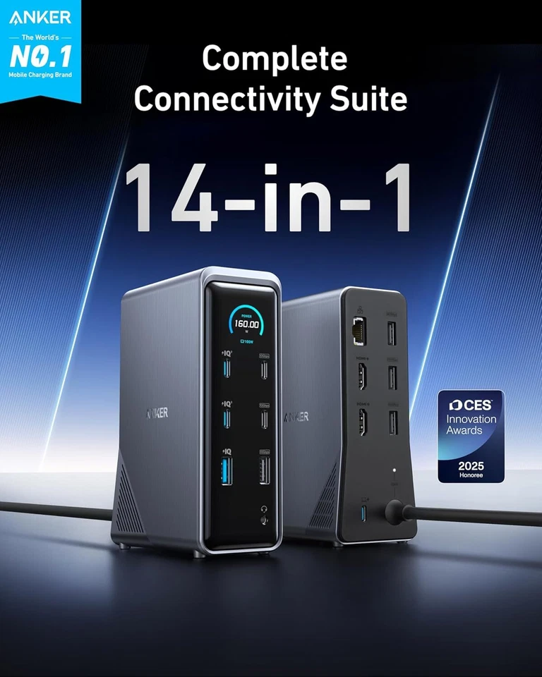 Anker Prime Docking Station 14-in-1 160W 10Gbps Data Transfer Dual 4K |Refurbish - Image 2 of 4