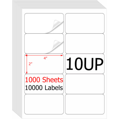 10000 2x4 Adhesive Mailing Postage Shipping Labels 10 Up 1000 Sheet Laser Inkjet