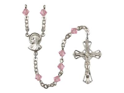 5mm Silver Plated Austrian Rhinestone Madonna Mary Rosary in Light Rose
