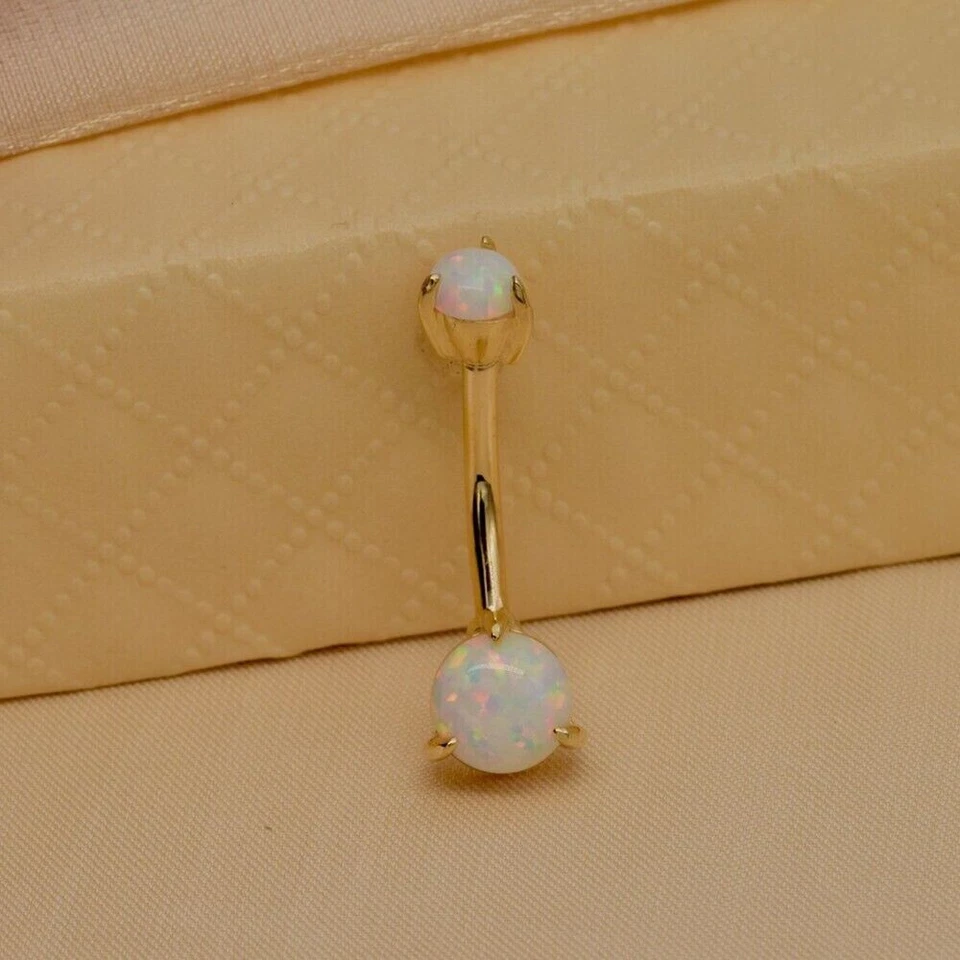 Impresionante Anillo Vientre Elegante Corte Redondo Ópalo de Fuego Simulado Chapado en Oro Amarillo 14K Foto 4 de 4