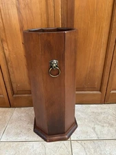Vintage Wood Octagon Umbrella Stand w/Brass Lion Heads