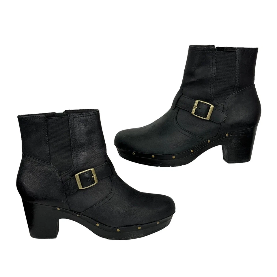 Mujer Clarks Cuero Negro Tachonado Tacón Zuecos Moto Hebilla Botas Talla 9.5 M Foto 3 de 4