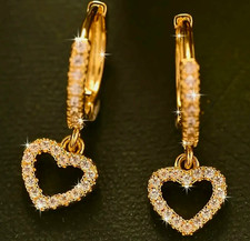 18K Gold Plated Heart Crystal 925 Silver Hoop Drop Earrings Women Jewellery Gift