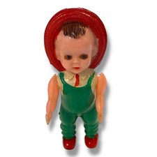 1950s Celluloid Farm Boy Doll Sleep Wake Eyes 4" Green Overalls