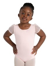 Little Girl's Puff Sleeve Keyhole Back Leotard Pants, Pink, Small
