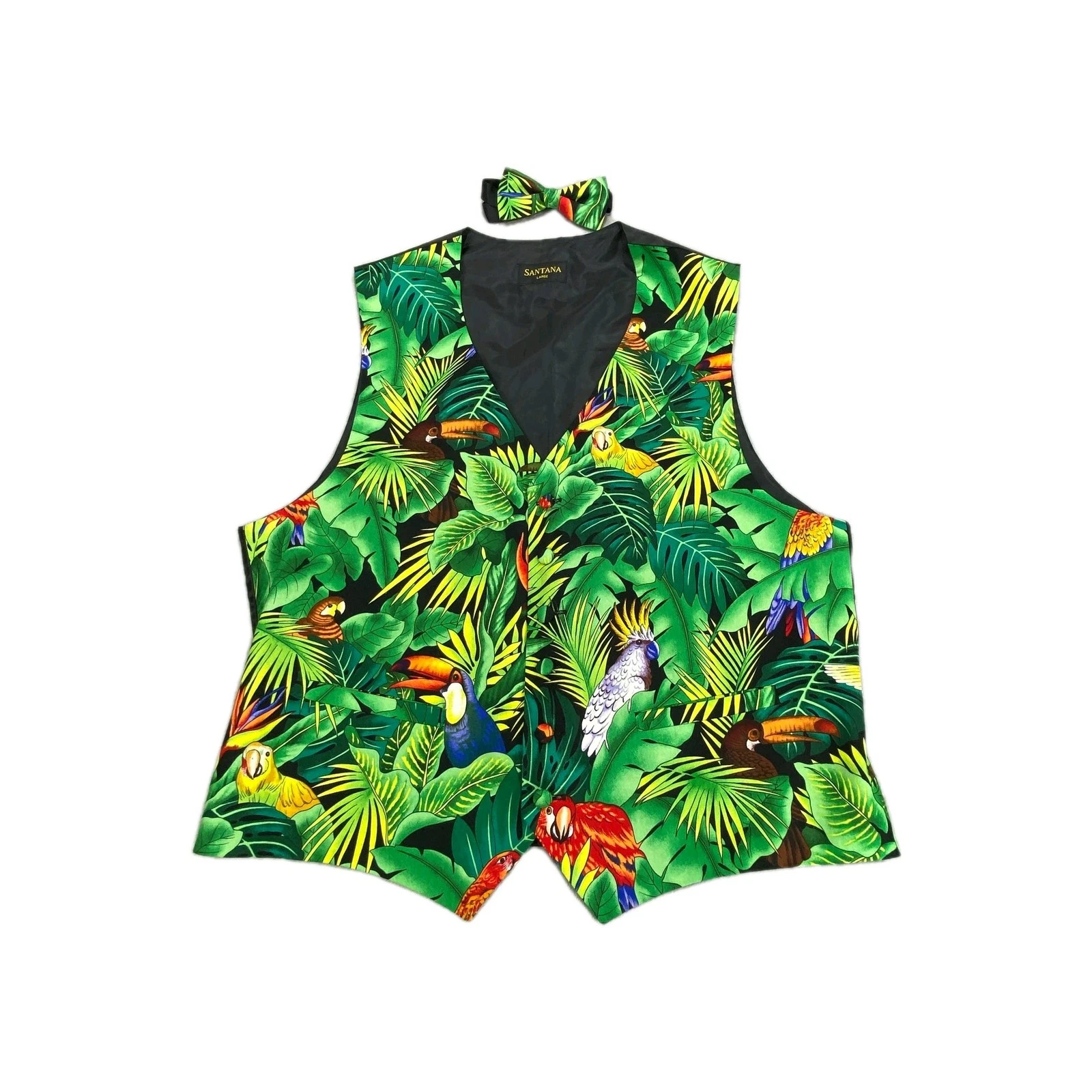 Santana Vest Mens Large Green Parrot Leaves Print Pockets V-Neck Fabric Button