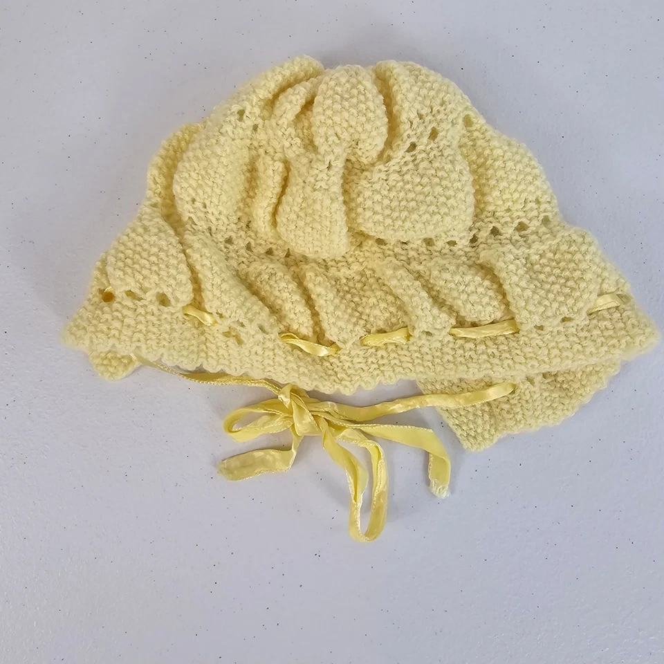 VTG Babies 12M-1Y Cardigan + Bonnet Hat/Silk Tie Set Yellow Knit Formal Event - Image 2 of 4