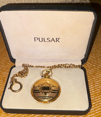 Pulsar Quartz Full Hunter Pocket Watch Gold Plated White Dial Arabic Chain Box