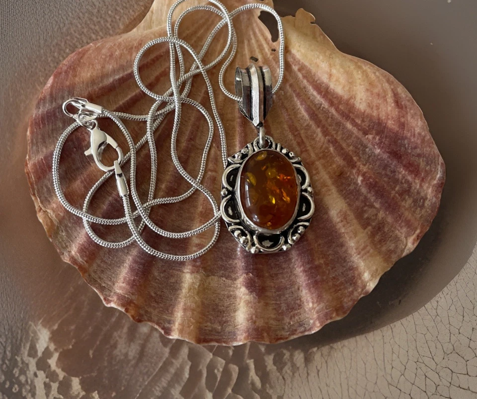 Collar Colgante Artesanal Ámbar Báltico - Plateado - Nuevo Foto 2 de 4