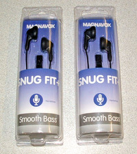  2 Magnavox Snug Fit Earphones E/Mic Smooth Bass Handsfree Black Earbuds