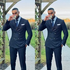 Men's Striped Suit Wedding Prom Groom Formal Slim Fit Double Breasted Suits