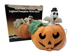Vtg Halloween Light Pumpkin Ghost Plug In Hand Painted Porcelain W/box Autumn