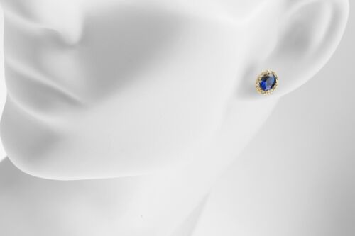 9ct Yellow Gold Blue Sapphire & Cz Oval Cluster Stud Earrings - 10mm x 8mm - Picture 5 of 6