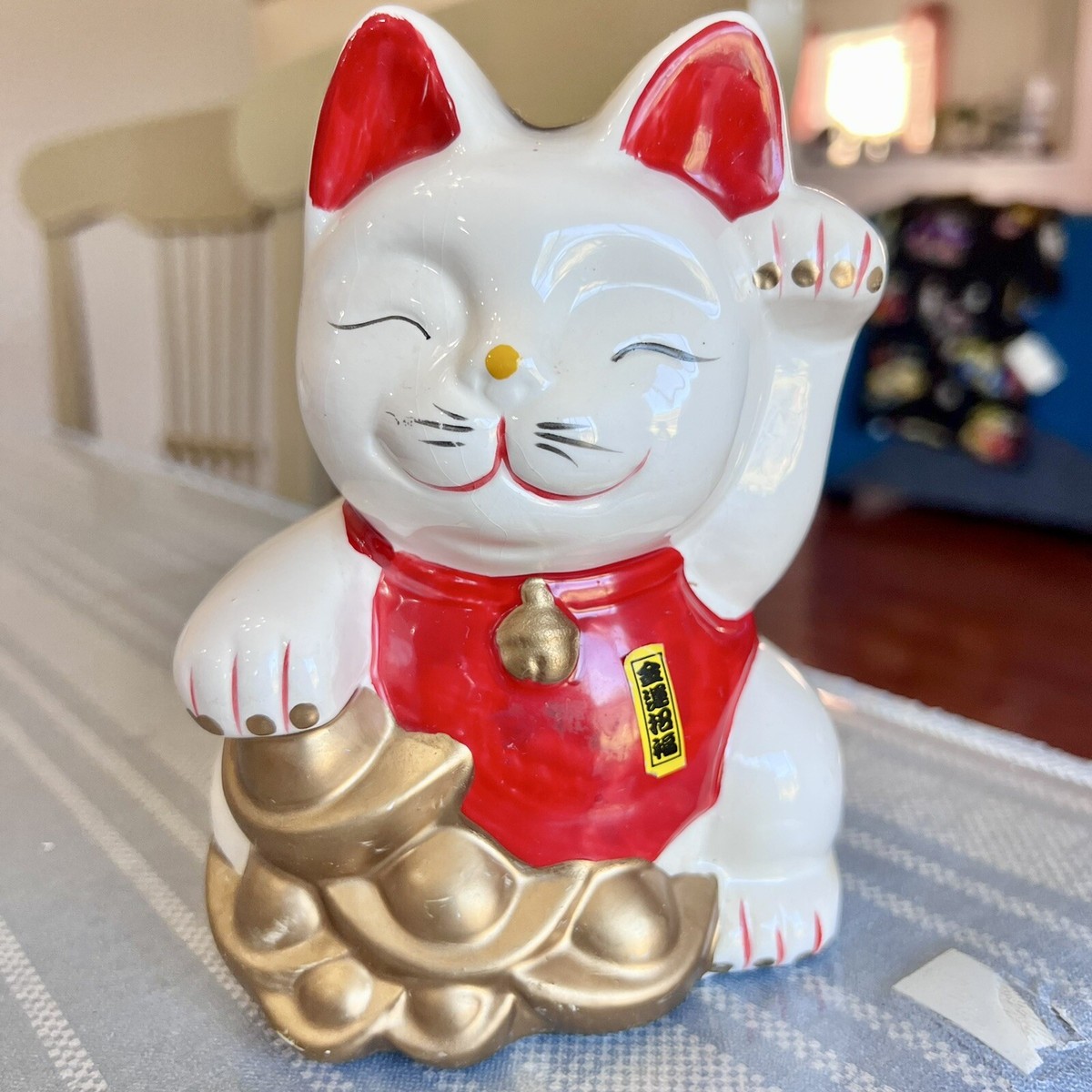 6” White Japanese Maneki Neko Beckoning Money Good Fortune Waiving