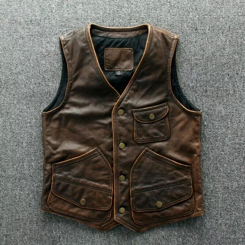 Men's Biker Vintage Tan Brown Vintage Real Leather Motorcycle Vest Jacket