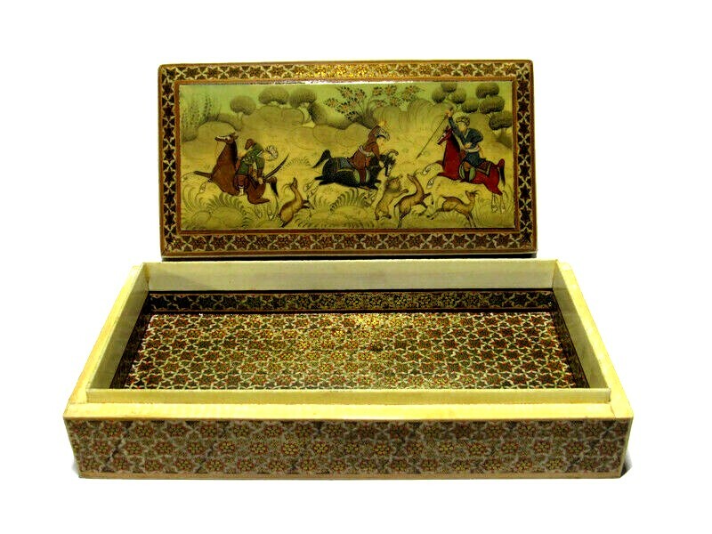 Middle Eastern Storage Box Hand Painted Gold Paint Detail Asian 9" x 4.