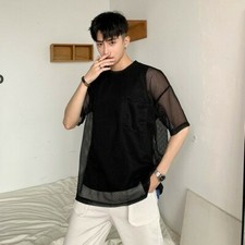 Mens 2Pcs Vest + T-shirt Fishnet Mesh Tee shirt Short Sleeve Top See-Through