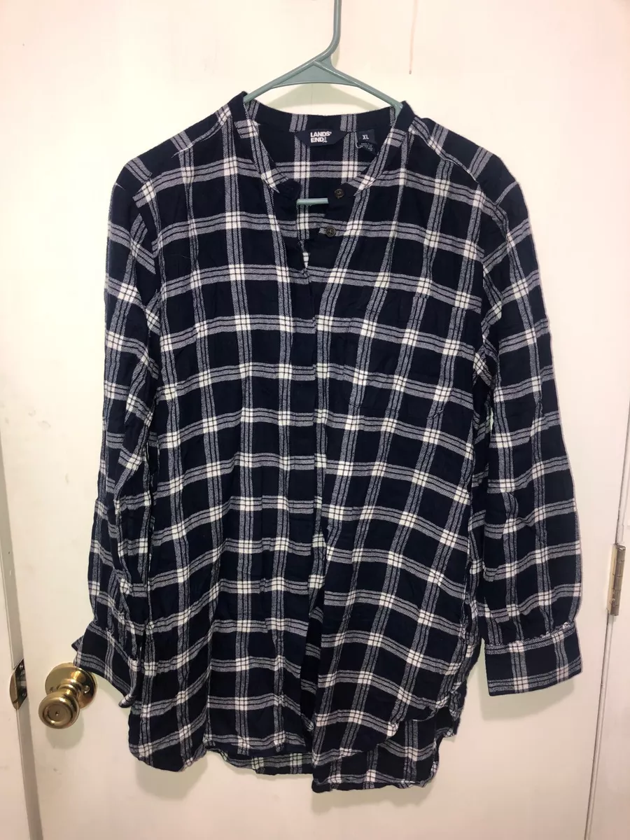 NEW Lands End Band Collar Plaid Flannel Shirt Womens XL 18 Slash