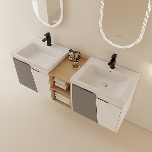 60" Bathroom Vanity Wall Mounted Cabinet Sink Basin /Doors with Storage Shelves - Picture 2 of 12